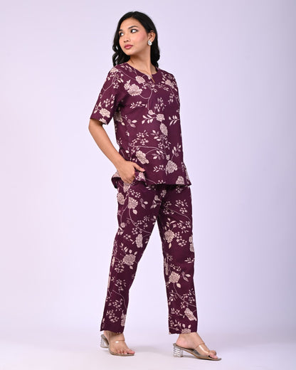 Wine Pure Cotton Floral Printed Co-ord Set