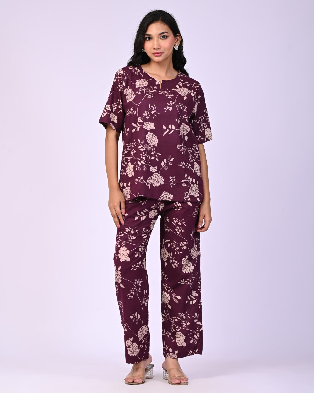 Wine Pure Cotton Floral Printed Co-ord Set