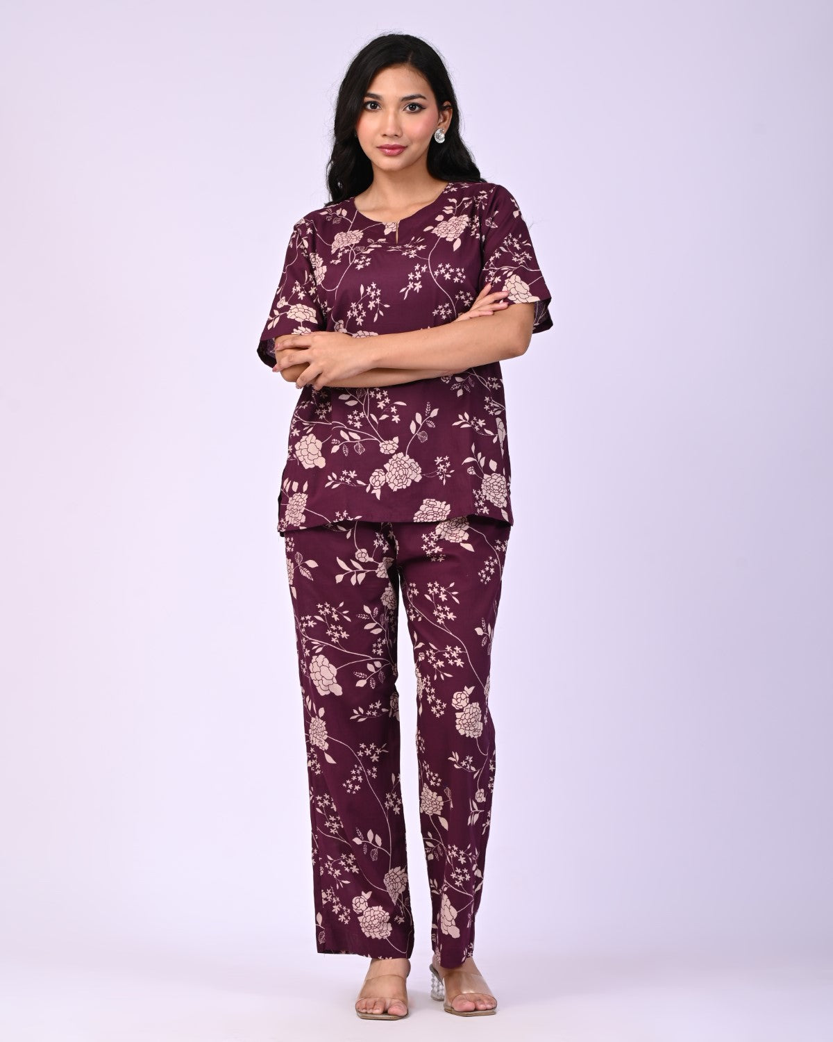 Wine Pure Cotton Floral Printed Co-ord Set