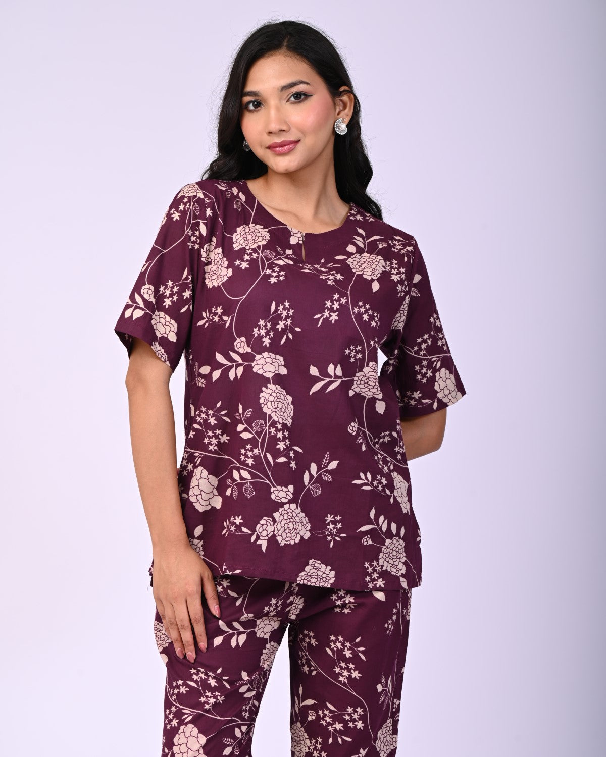 Wine Pure Cotton Floral Printed Co-ord Set