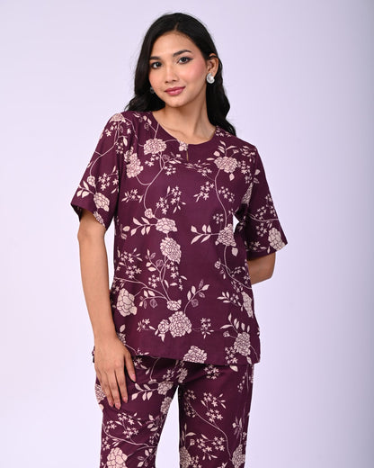 Wine Pure Cotton Floral Printed Co-ord Set