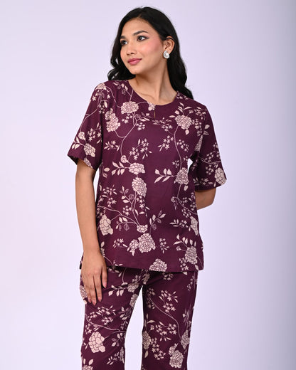 Wine Pure Cotton Floral Printed Co-ord Set