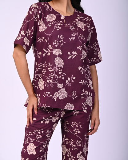 Wine Pure Cotton Floral Printed Co-ord Set