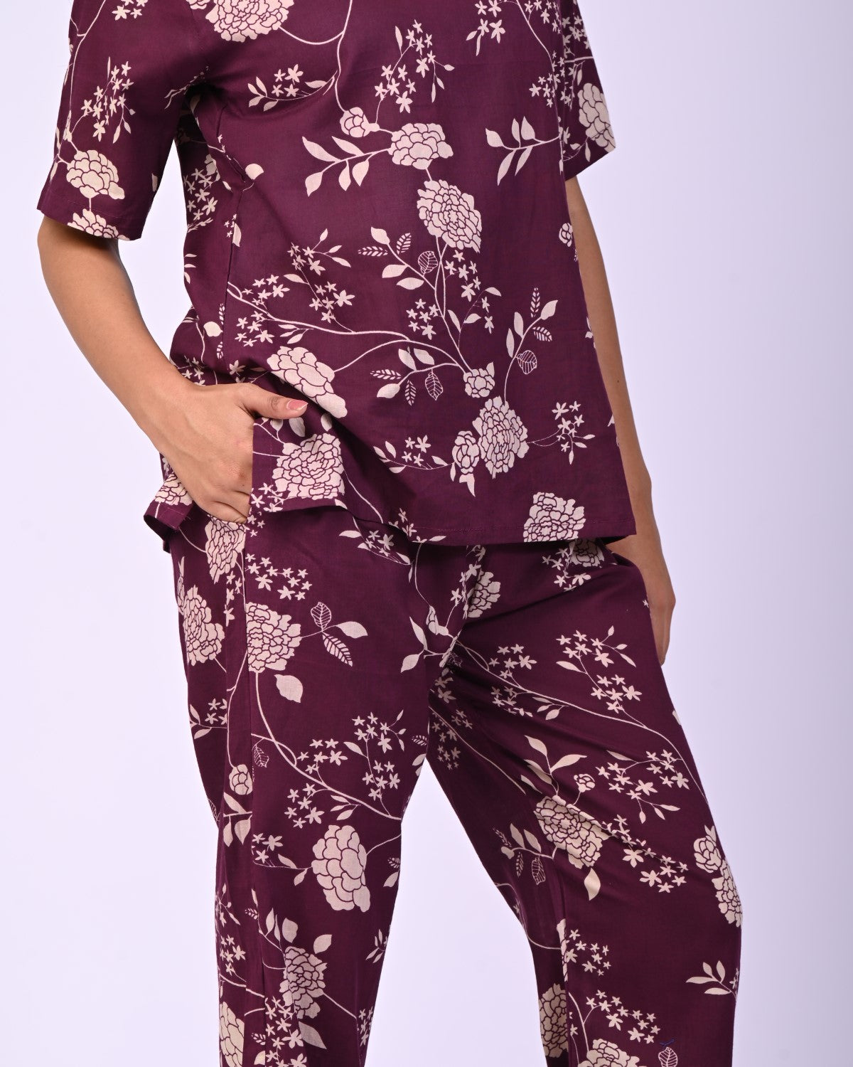 Wine Pure Cotton Floral Printed Co-ord Set