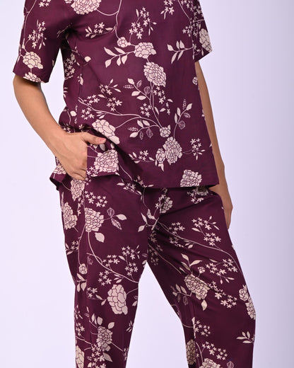 Wine Pure Cotton Floral Printed Co-ord Set