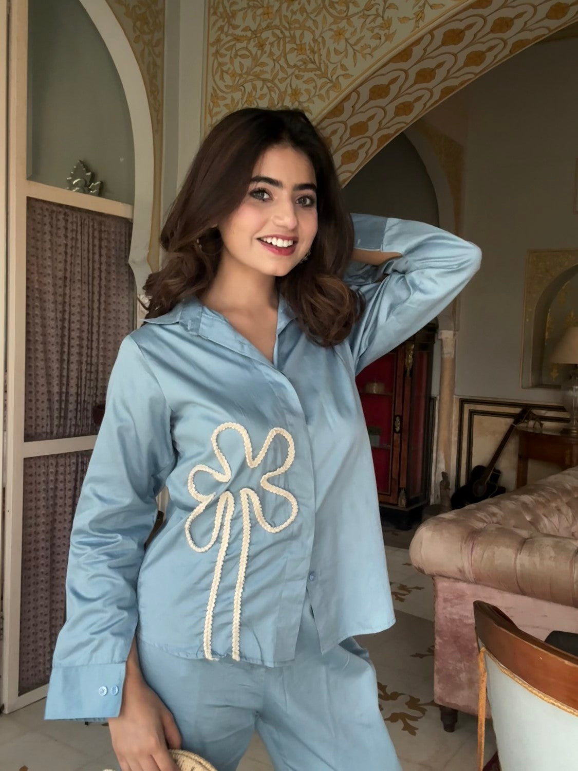 Blue Italian Cotton Co-ord Set With Lace detaling