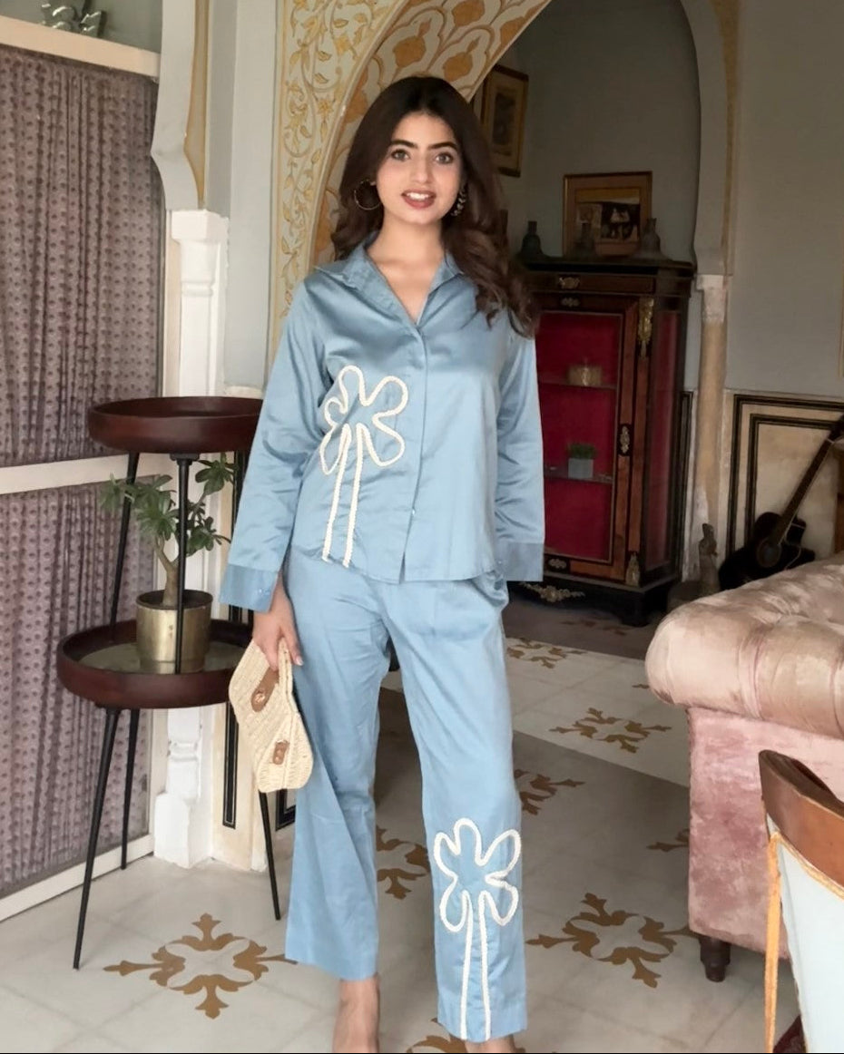 Blue Italian Cotton Co-ord Set With Lace detaling