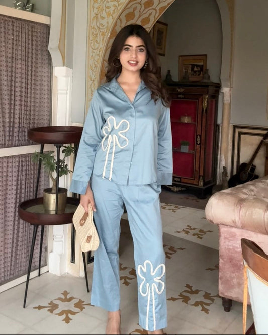Blue Italian Cotton Co-ord Set With Lace detaling