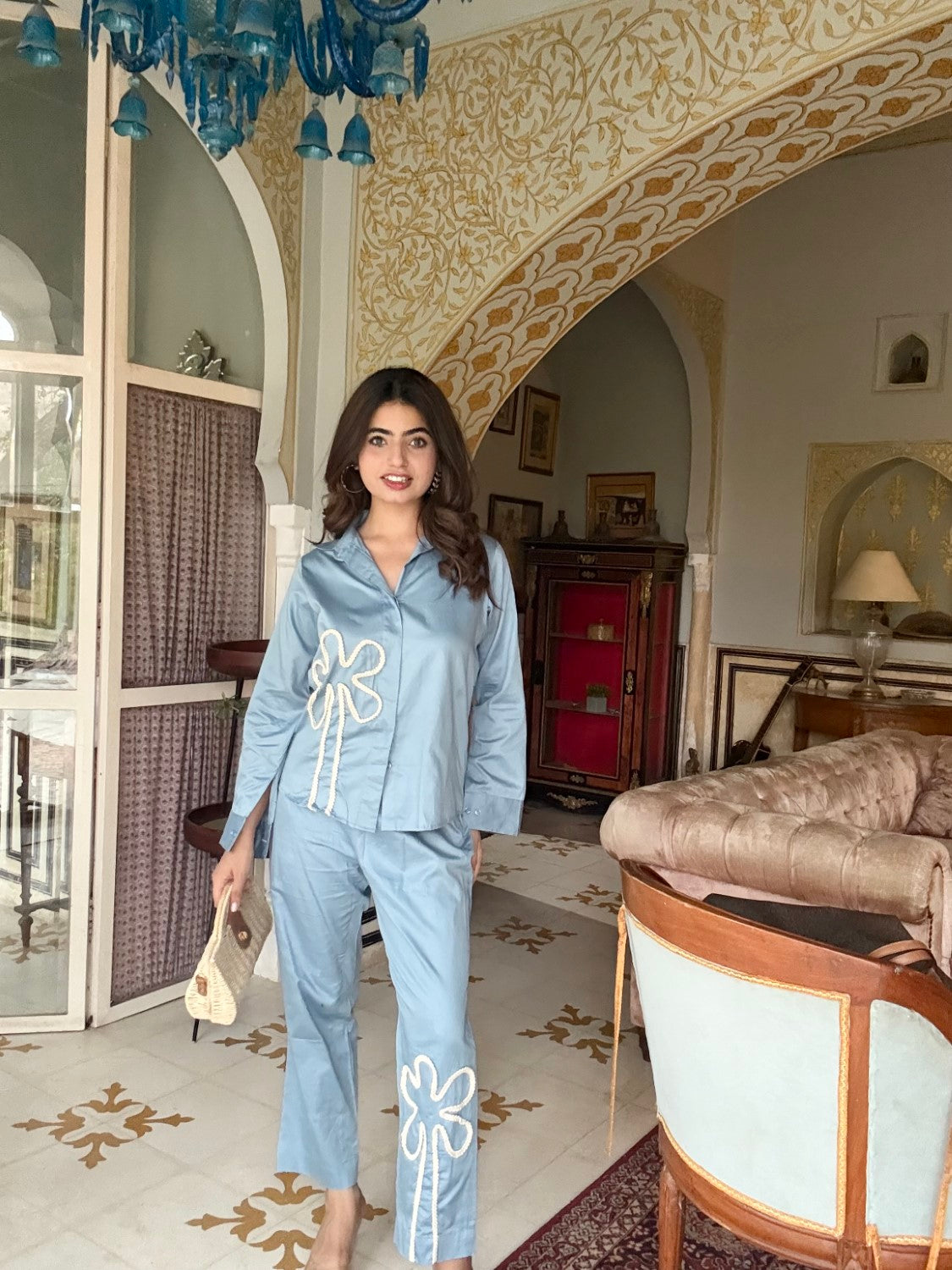 Blue Italian Cotton Co-ord Set With Lace detaling