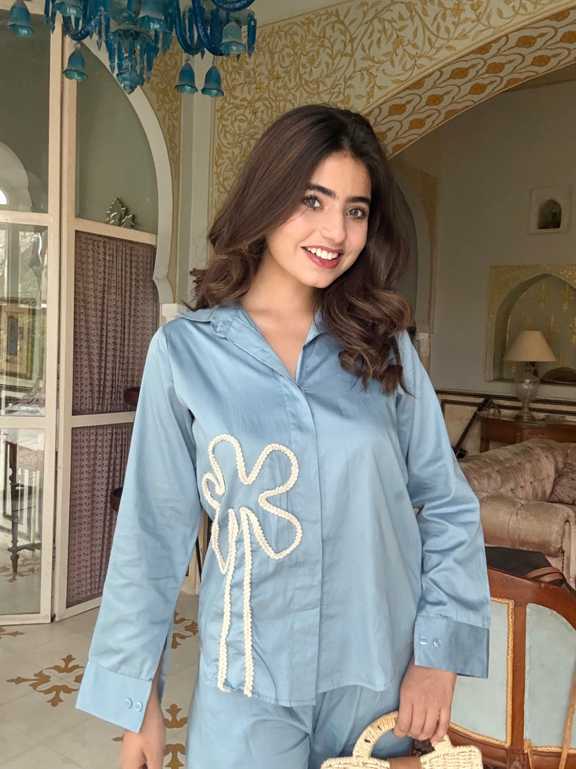 Blue Italian Cotton Co-ord Set With Lace detaling