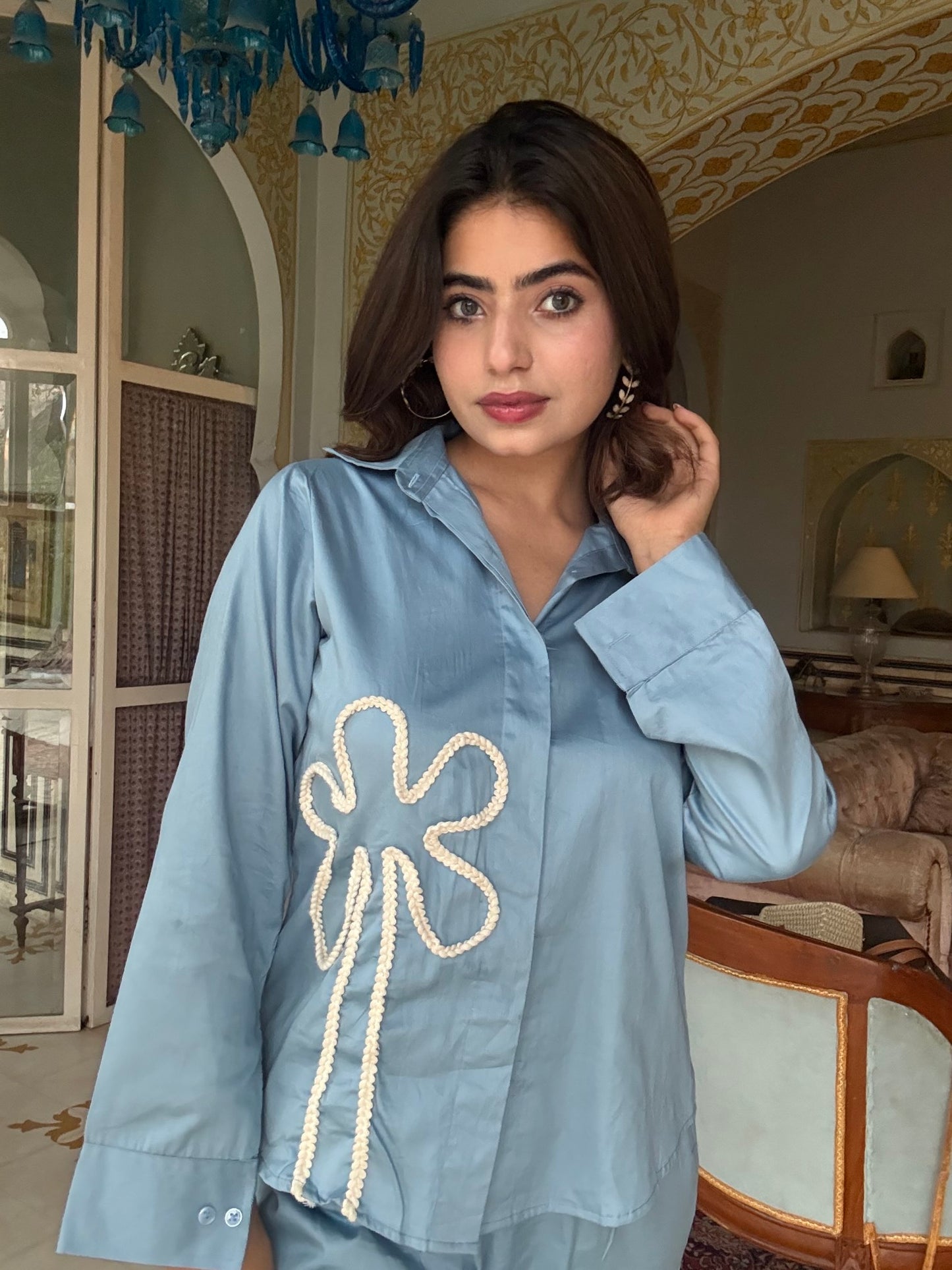 Blue Italian Cotton Co-ord Set With Lace detaling
