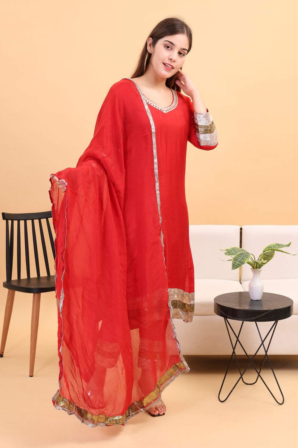 Chanderi silk kurta set with gota work and dupatta