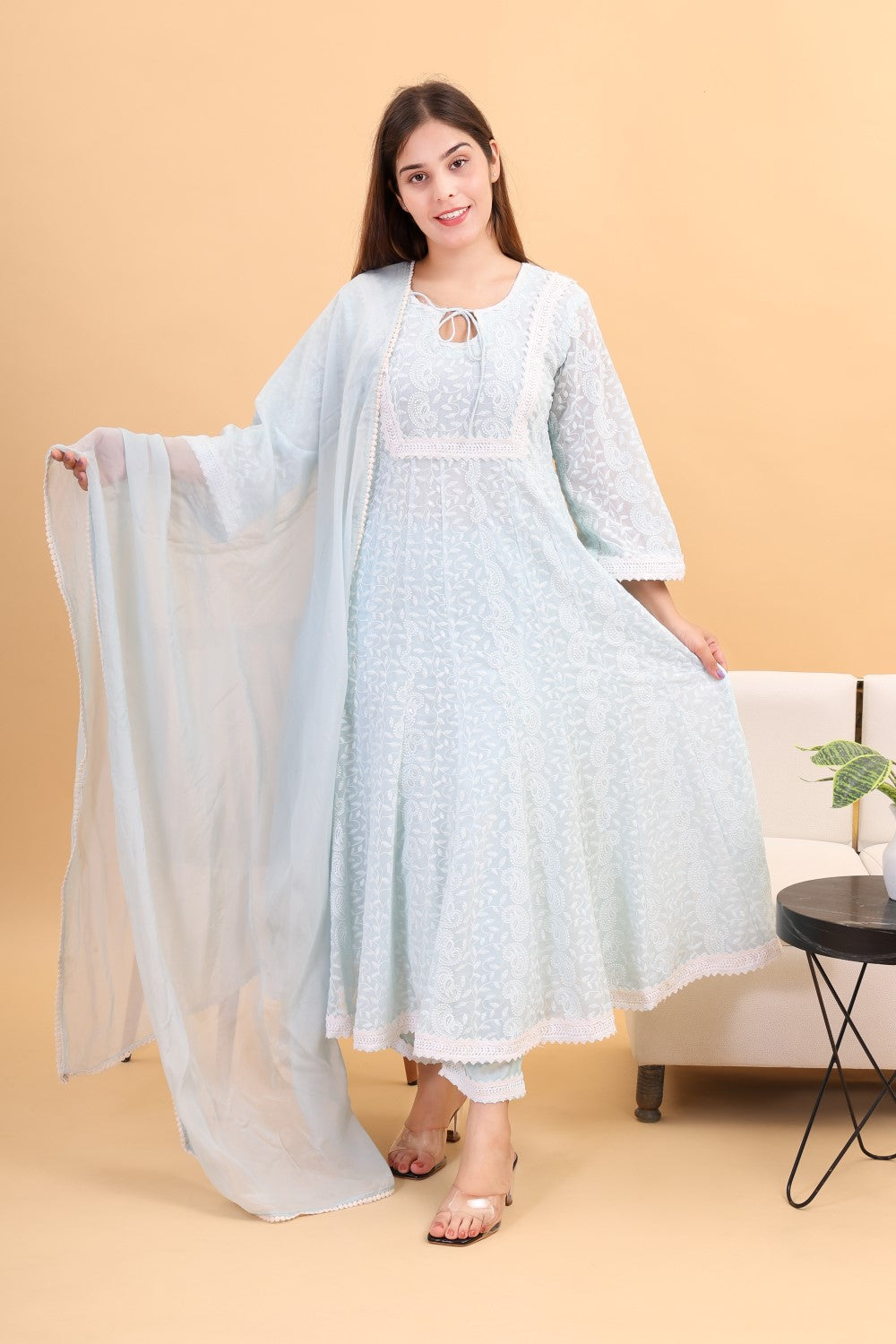 Georgette chicken kari anarkali kurta set with dupatta