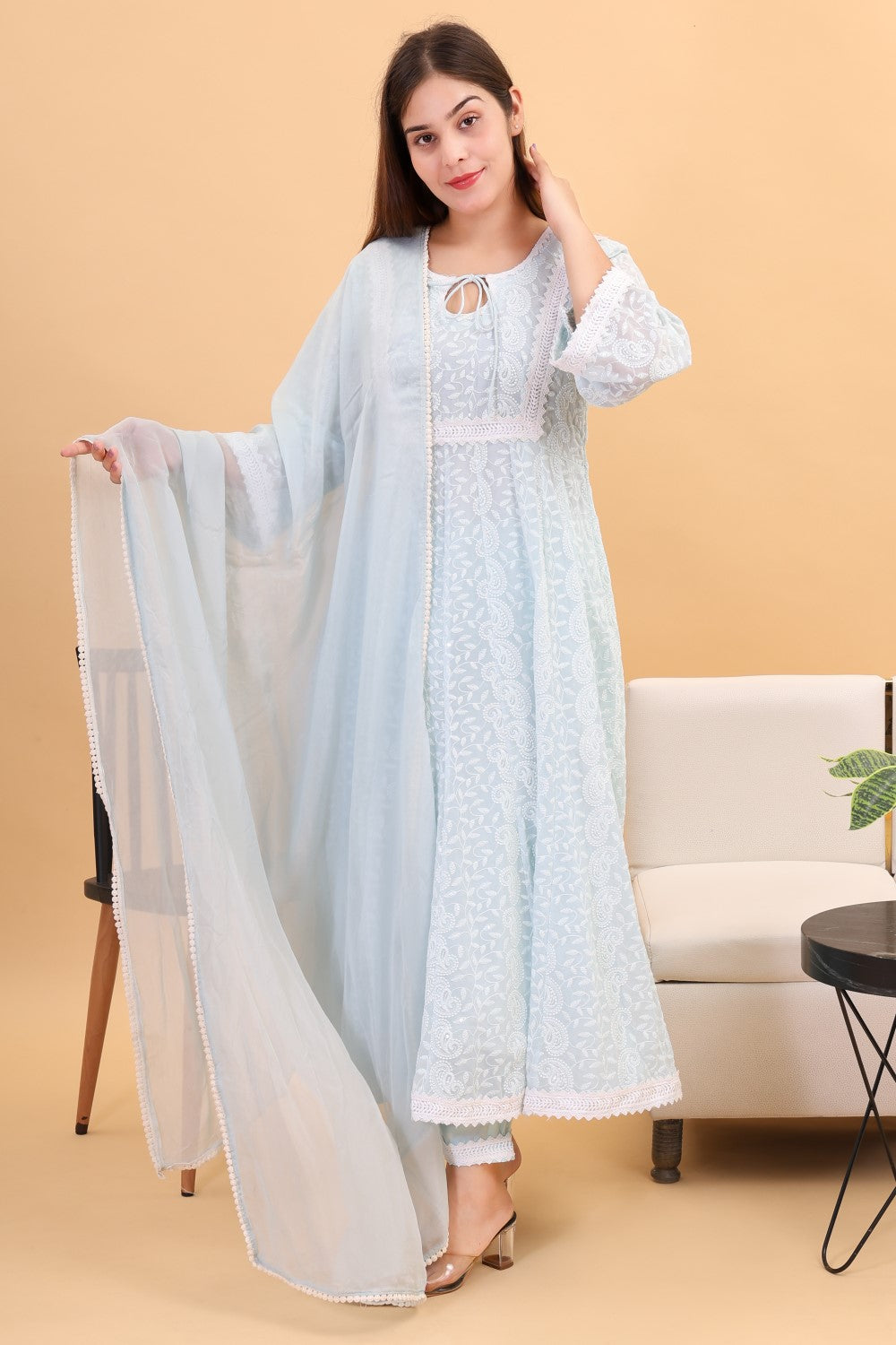 Georgette chicken kari anarkali kurta set with dupatta