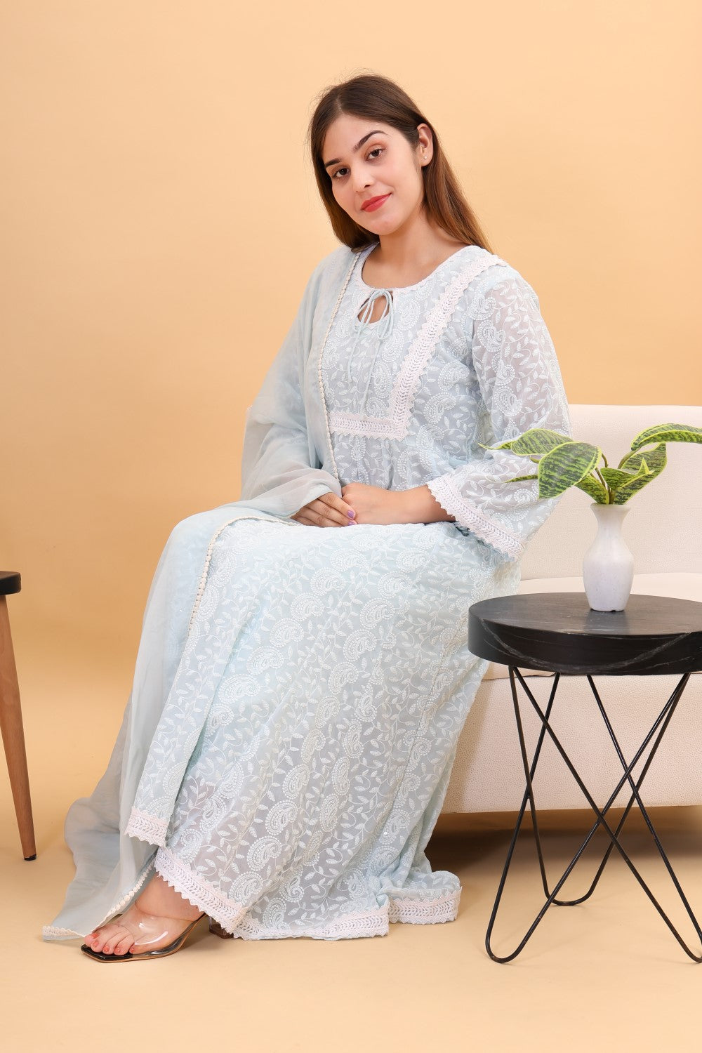 Georgette chicken kari anarkali kurta set with dupatta
