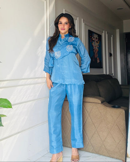 Blue Summer Silk Co-ord Set With Cutwork Detailing