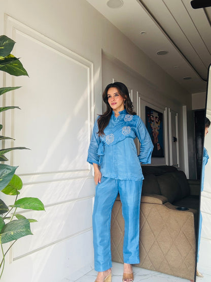 Blue Summer Silk Co-ord Set With Cutwork Detailing