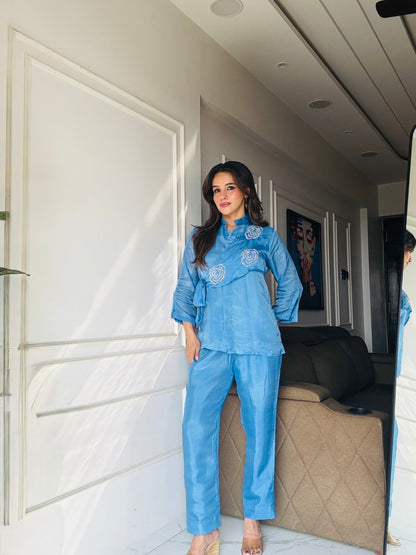 Blue Summer Silk Co-ord Set With Cutwork Detailing