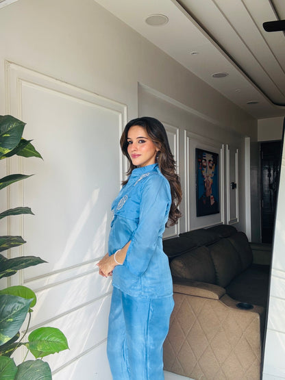 Blue Summer Silk Co-ord Set With Cutwork Detailing