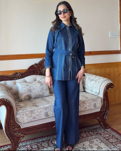 Deep Blue Denim Co-ord Set With Belt