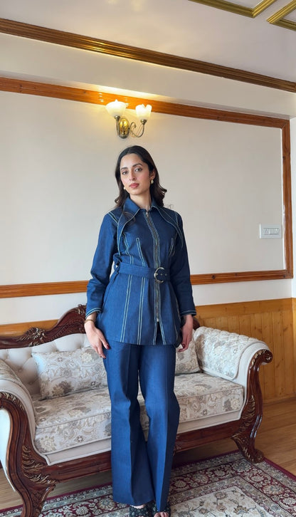 Deep Blue Denim Co-ord Set With Belt