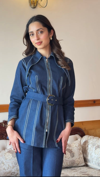 Deep Blue Denim Co-ord Set With Belt