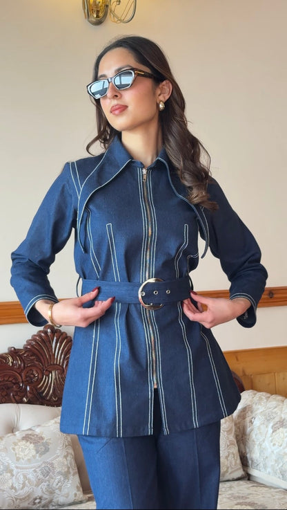 Deep Blue Denim Co-ord Set With Belt