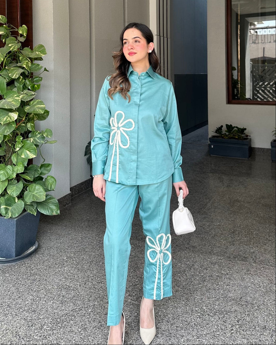 Sea Green Italian Cotton Co-ord Set With Lace detaling