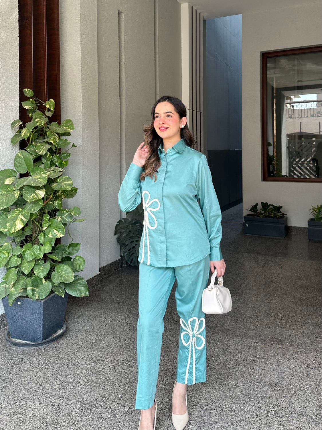 Sea Green Italian Cotton Co-ord Set With Lace detaling