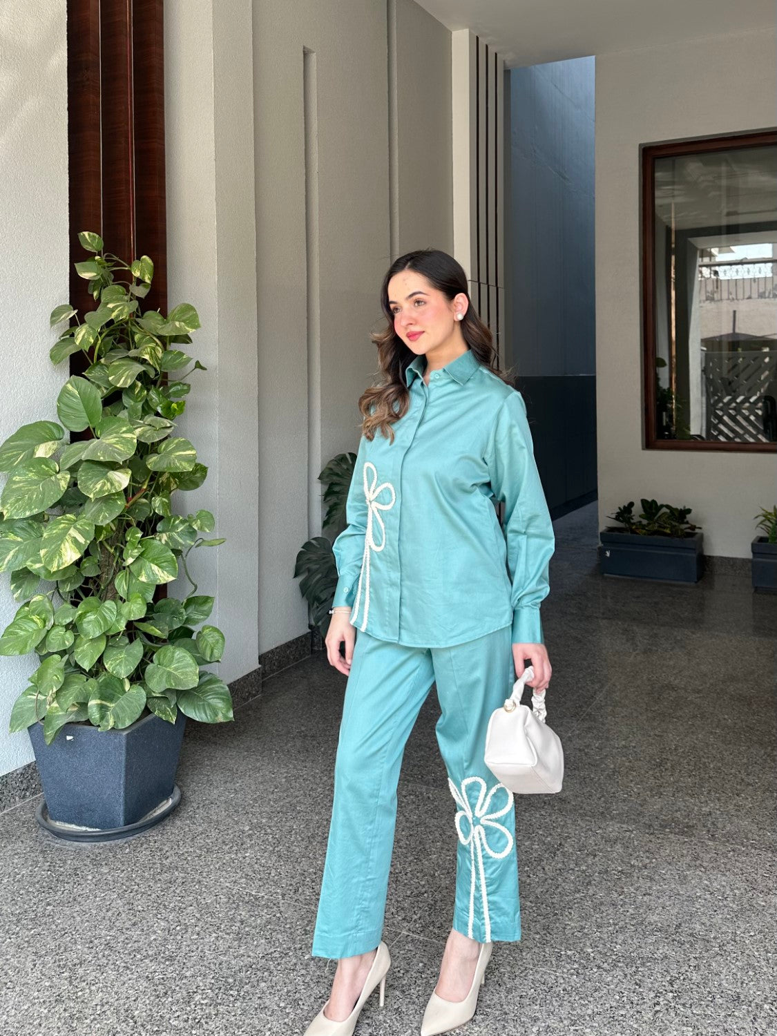 Sea Green Italian Cotton Co-ord Set With Lace detaling