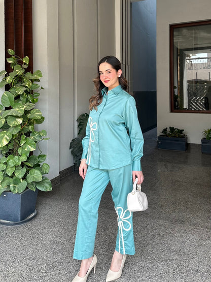 Sea Green Italian Cotton Co-ord Set With Lace detaling