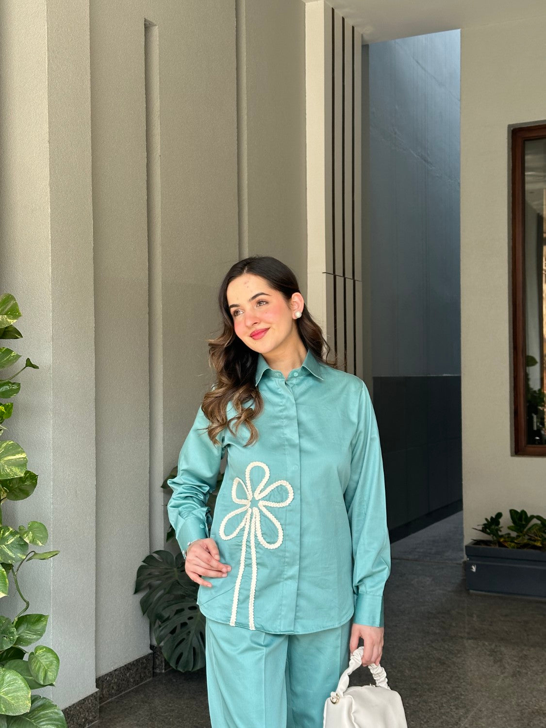 Sea Green Italian Cotton Co-ord Set With Lace detaling