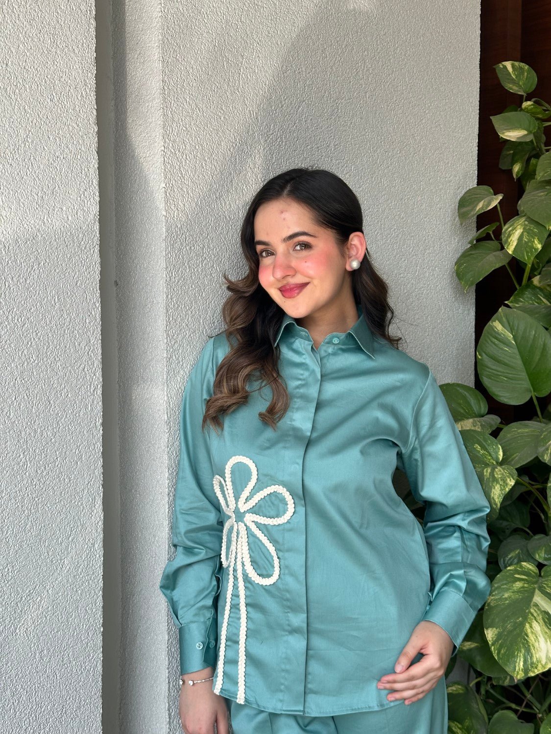 Sea Green Italian Cotton Co-ord Set With Lace detaling
