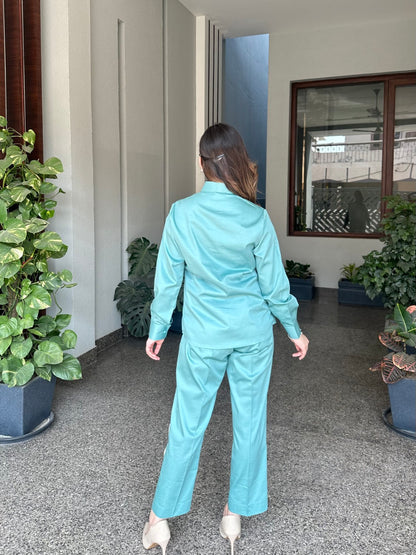 Sea Green Italian Cotton Co-ord Set With Lace detaling