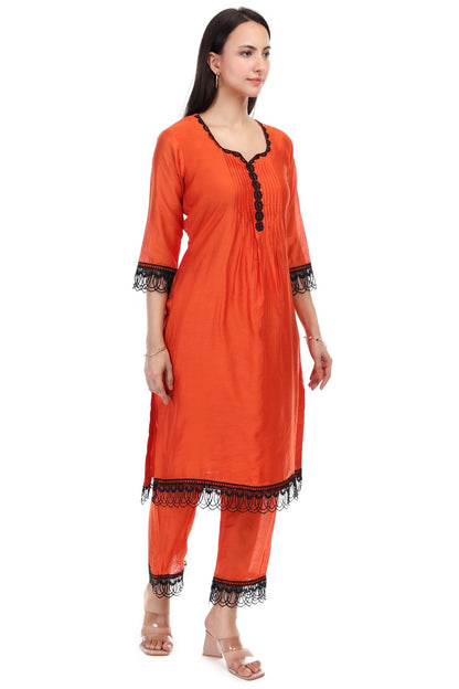 Chanderi kurta set with lace work