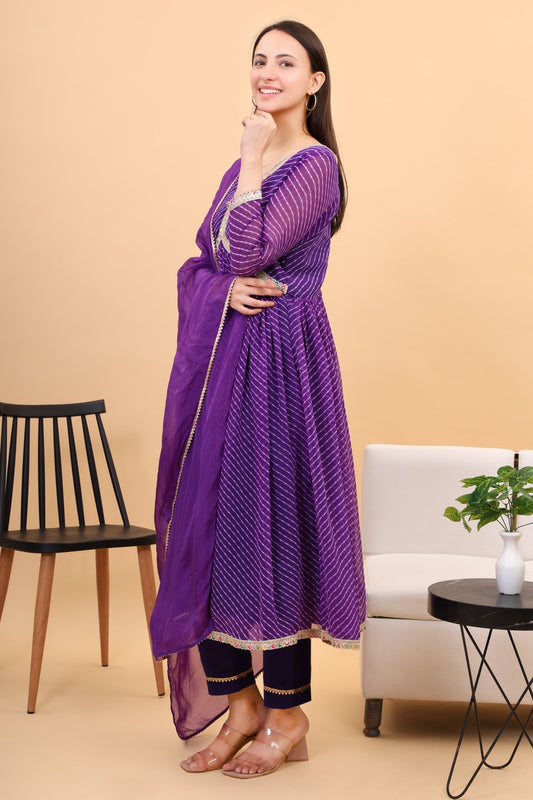 Georgette lehria anarkali set with organza dupatta