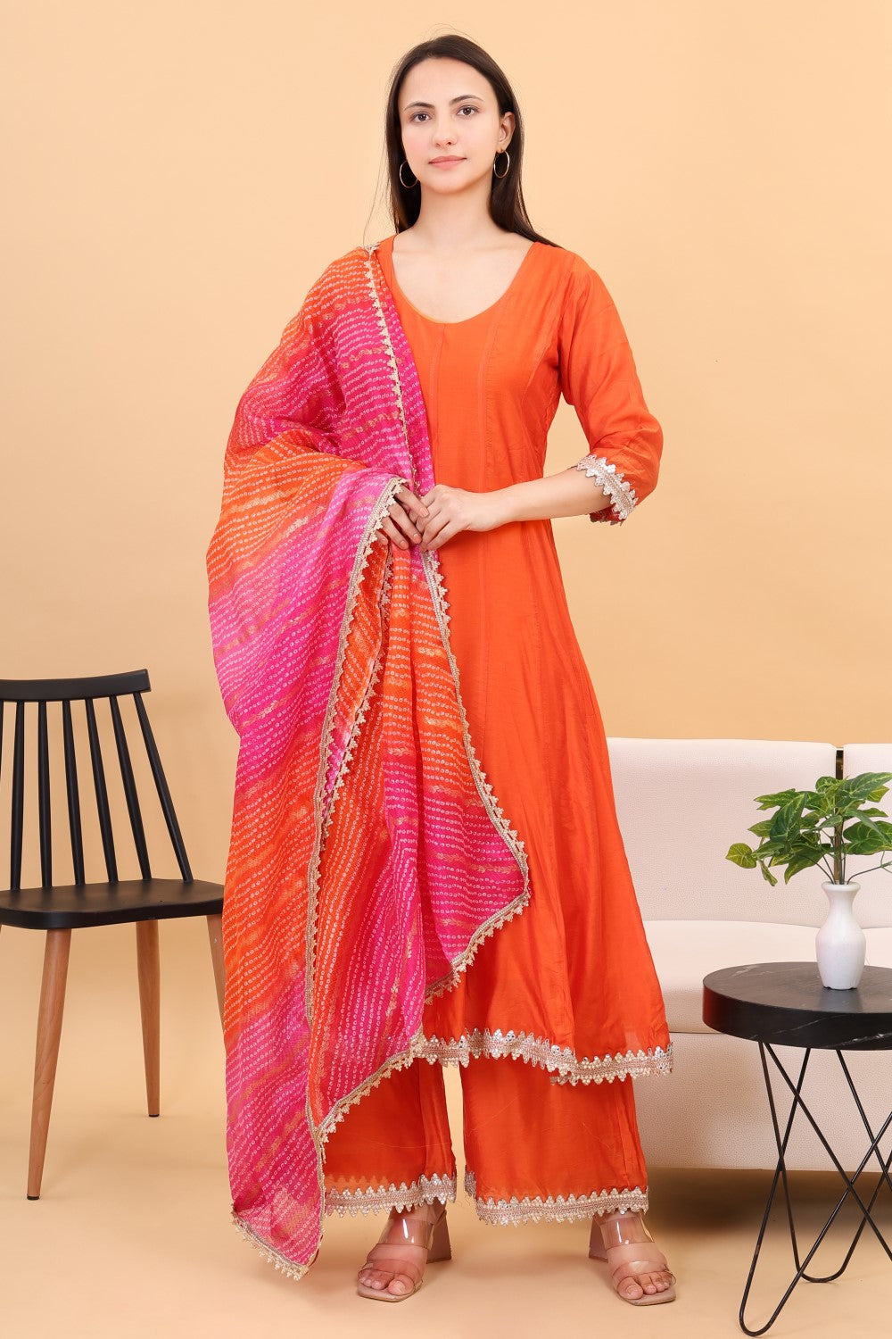 Chanderi silk anarkali set with kotadoria dupatta