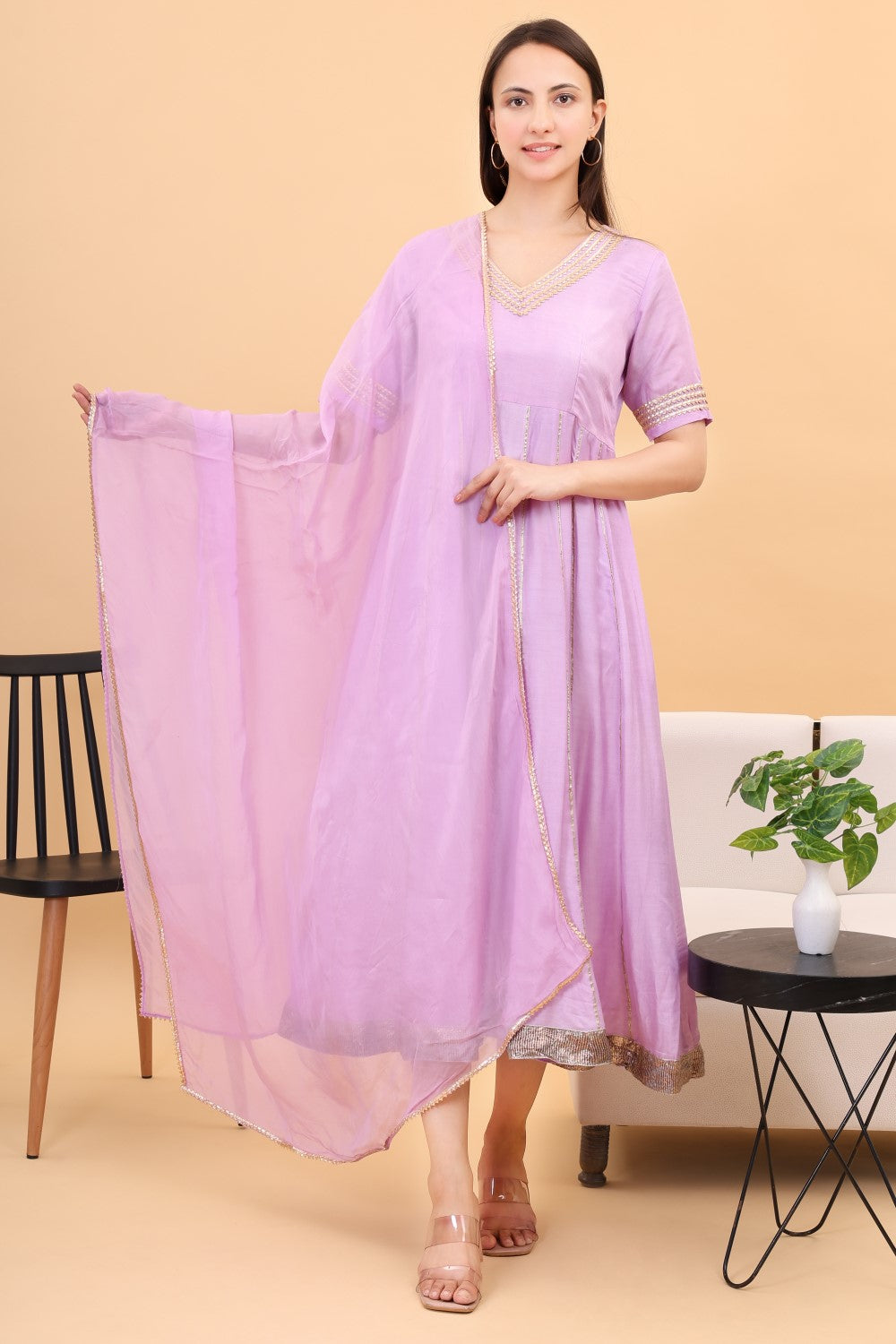 Muslin lilac anarkali set with organza dupatta