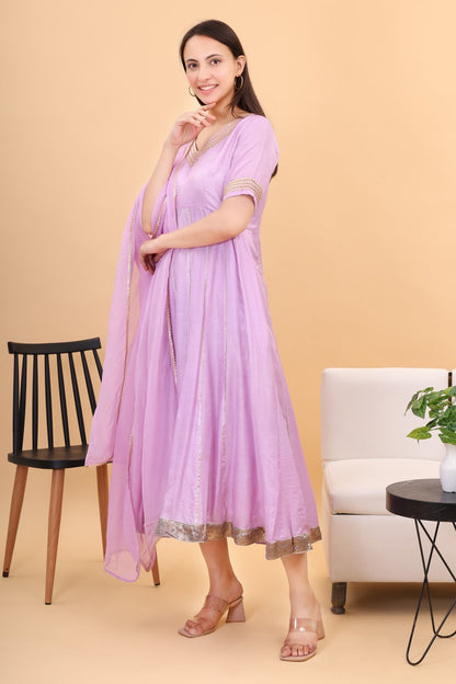Muslin lilac anarkali set with organza dupatta