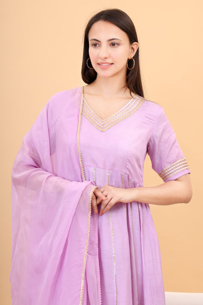 Muslin lilac anarkali set with organza dupatta