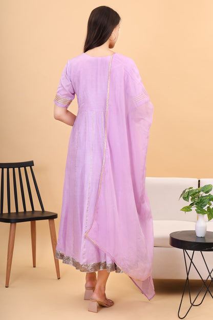 Muslin lilac anarkali set with organza dupatta