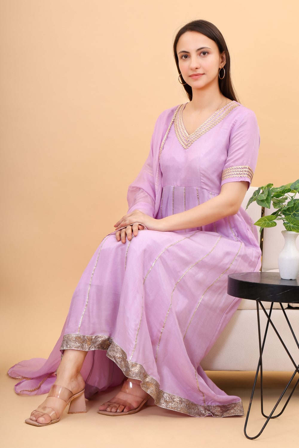 Muslin lilac anarkali set with organza dupatta