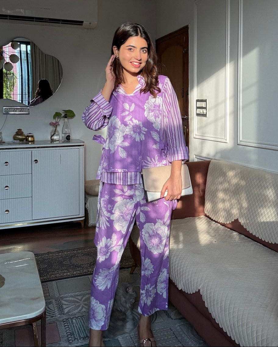 Purple Pure Cotton Printed 3 Pcs Co-ord Set