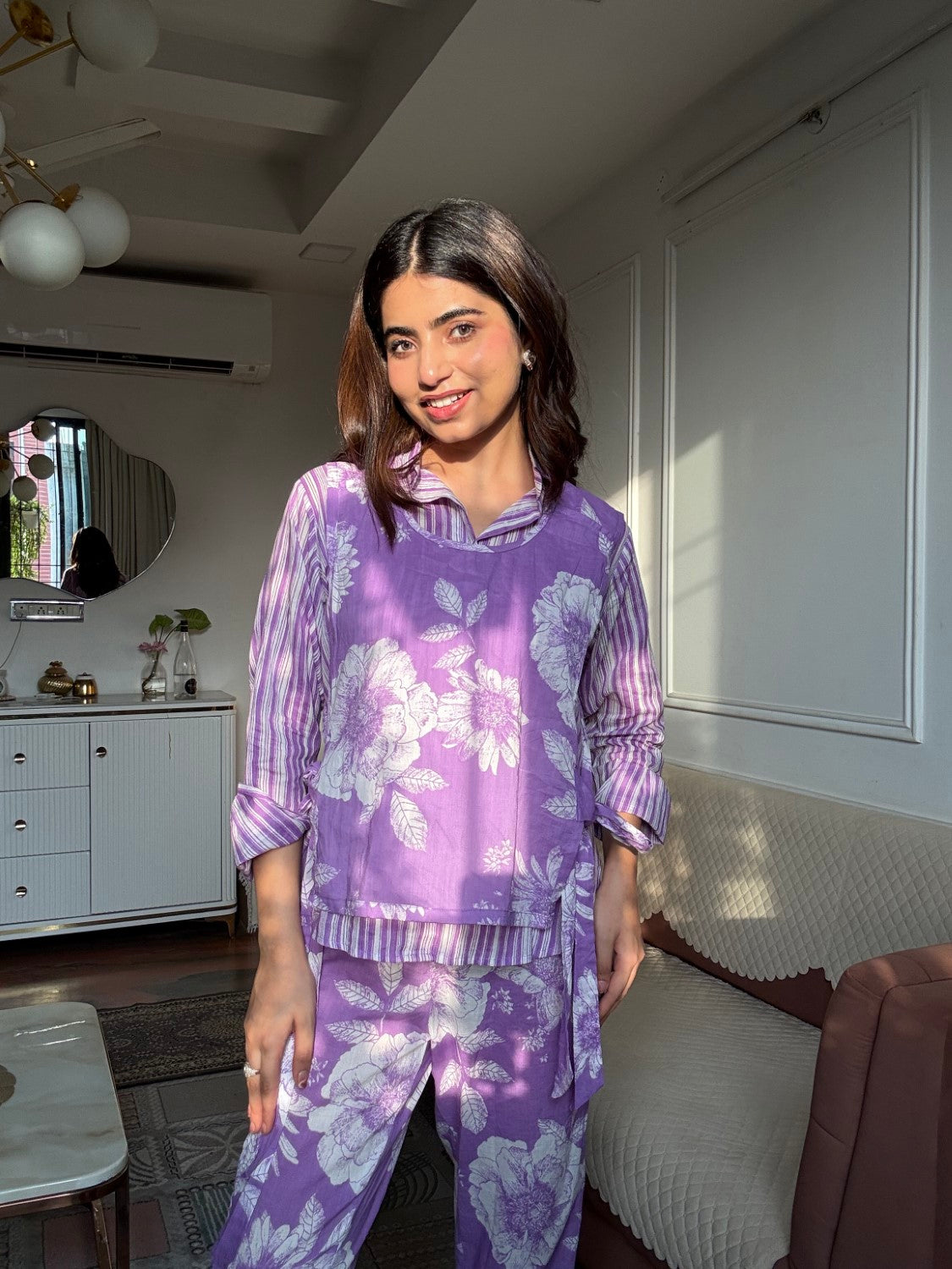 Purple Pure Cotton Printed 3 Pcs Co-ord Set