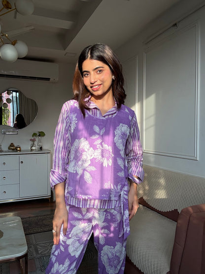 Purple Pure Cotton Printed 3 Pcs Co-ord Set