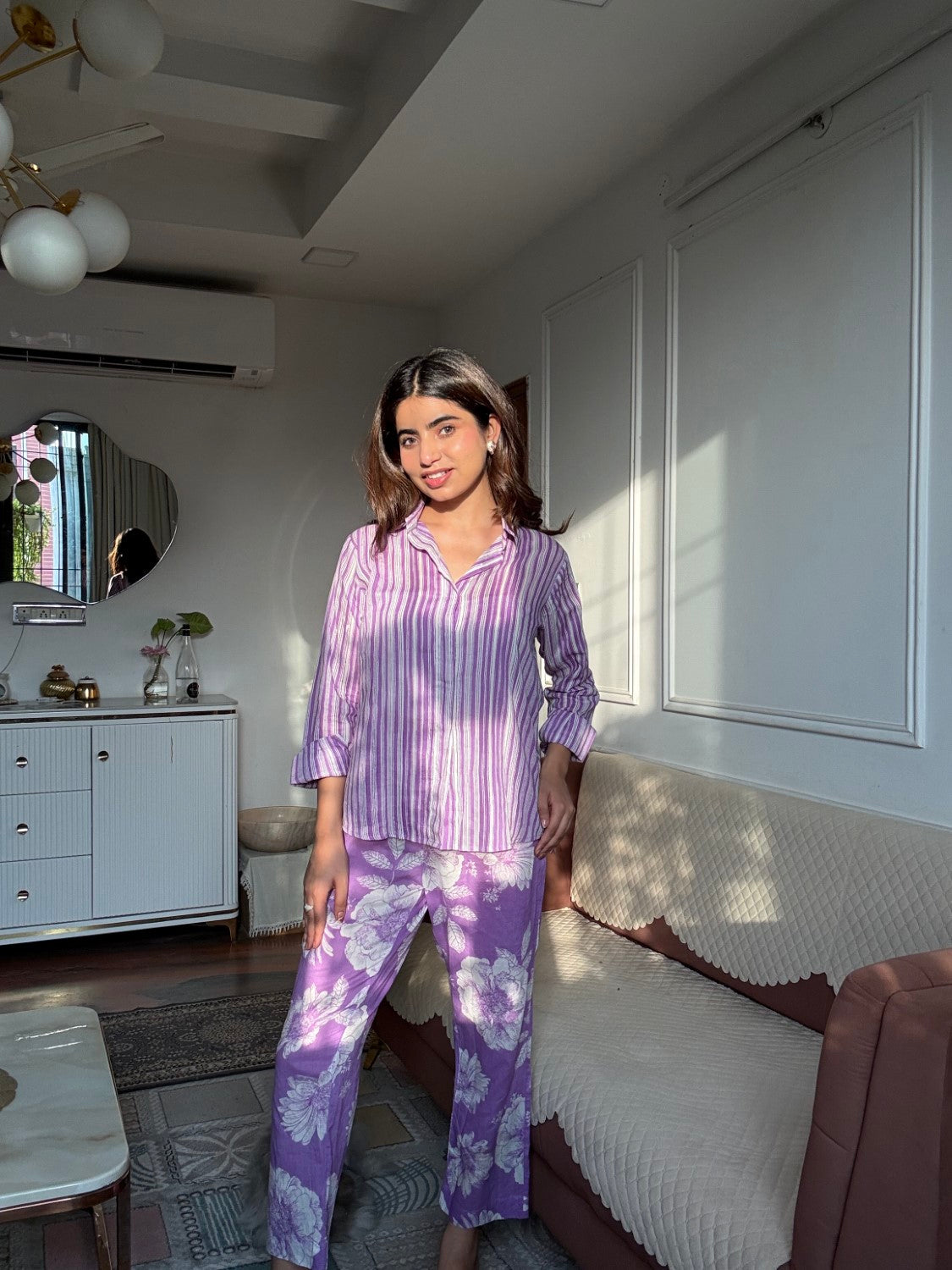 Purple Pure Cotton Printed 3 Pcs Co-ord Set
