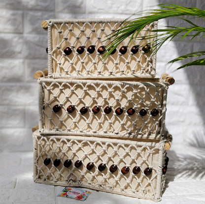 Macrame Woven Storage Baskets With Beads Set Of 3