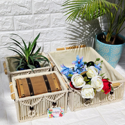 Macrame Woven Basket With Handle Set Of 3