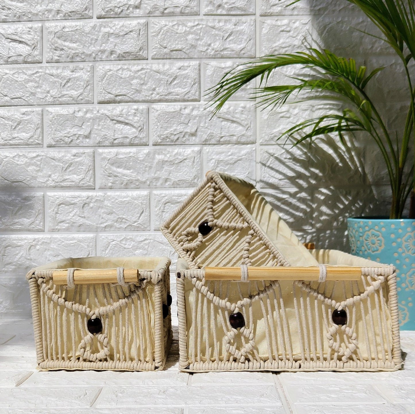 Macrame Woven Basket With Handle Set Of 3