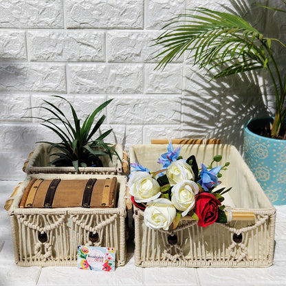 Macrame Woven Basket With Handle Set Of 3